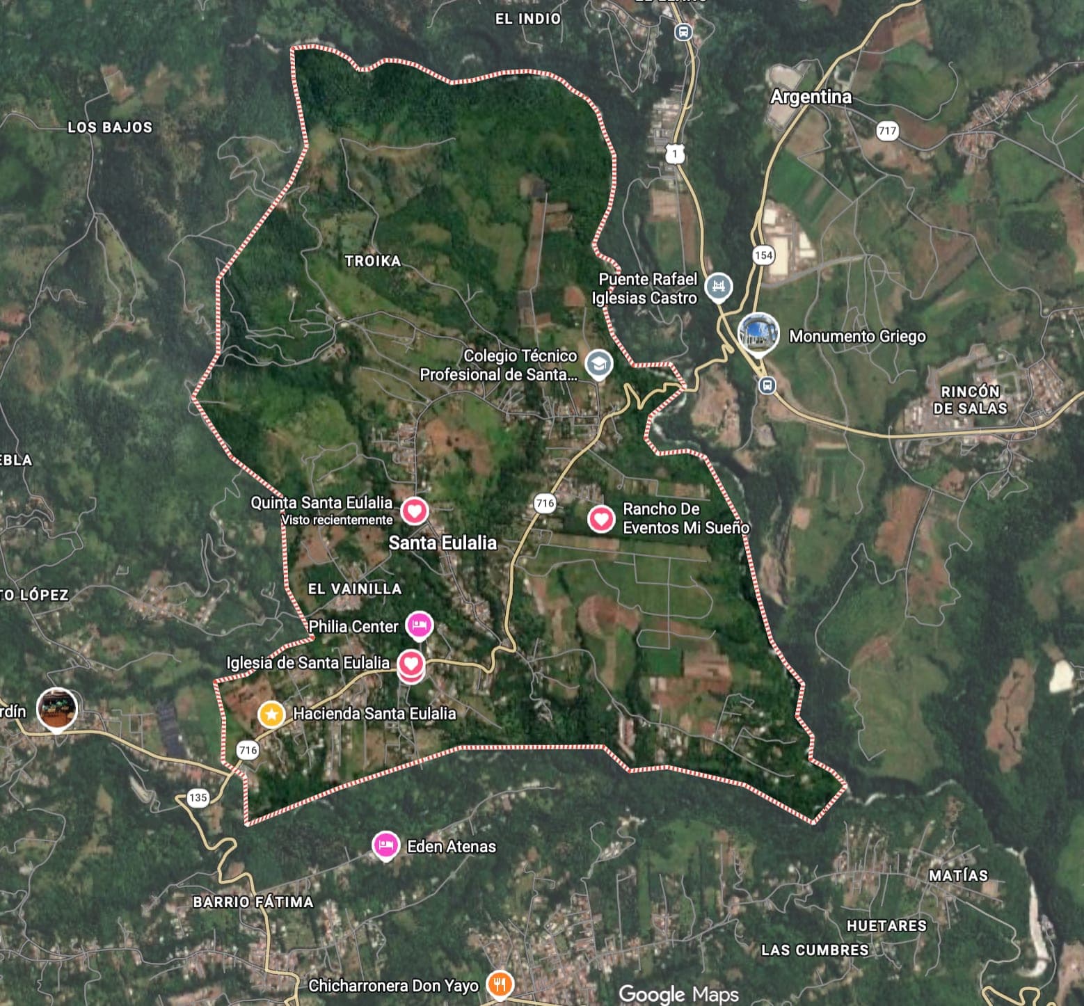 Vista satelital del distrito de Santa Eulalia de Atenas con sus límites